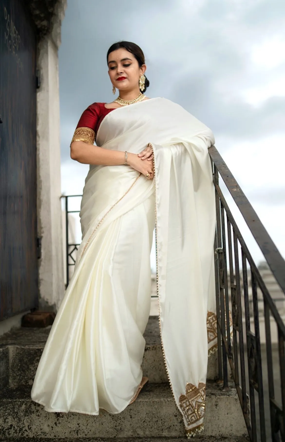 Cream Satin Silk Taj Mahal Saree