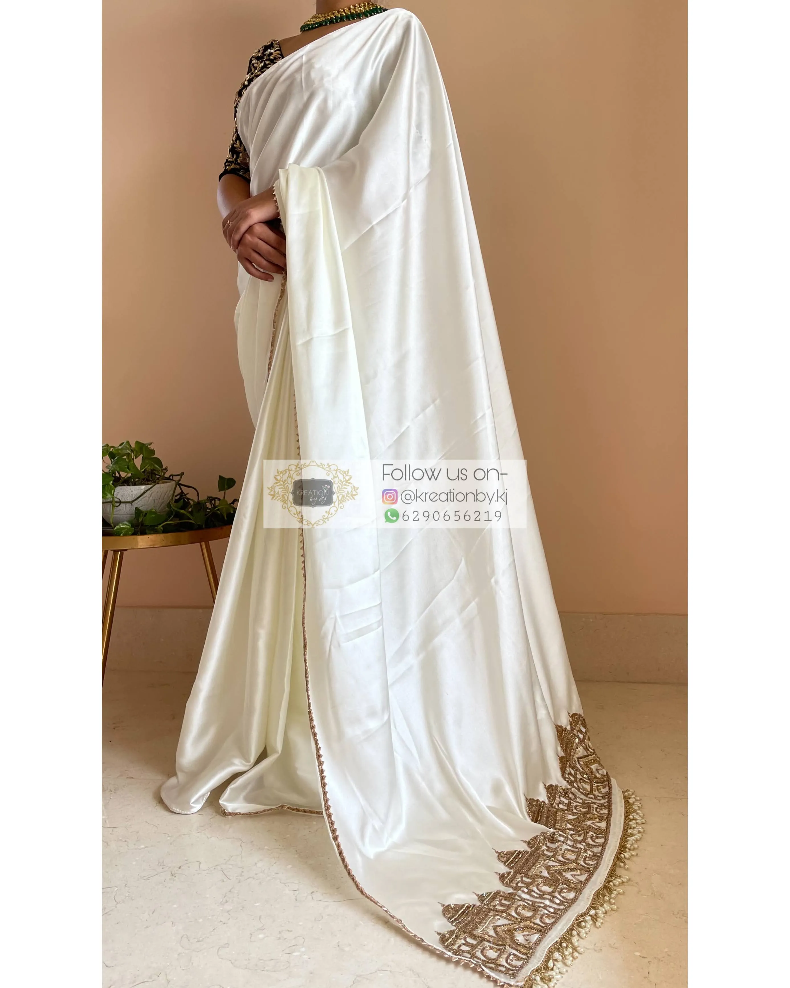 Cream Satin Silk Taj Mahal Saree