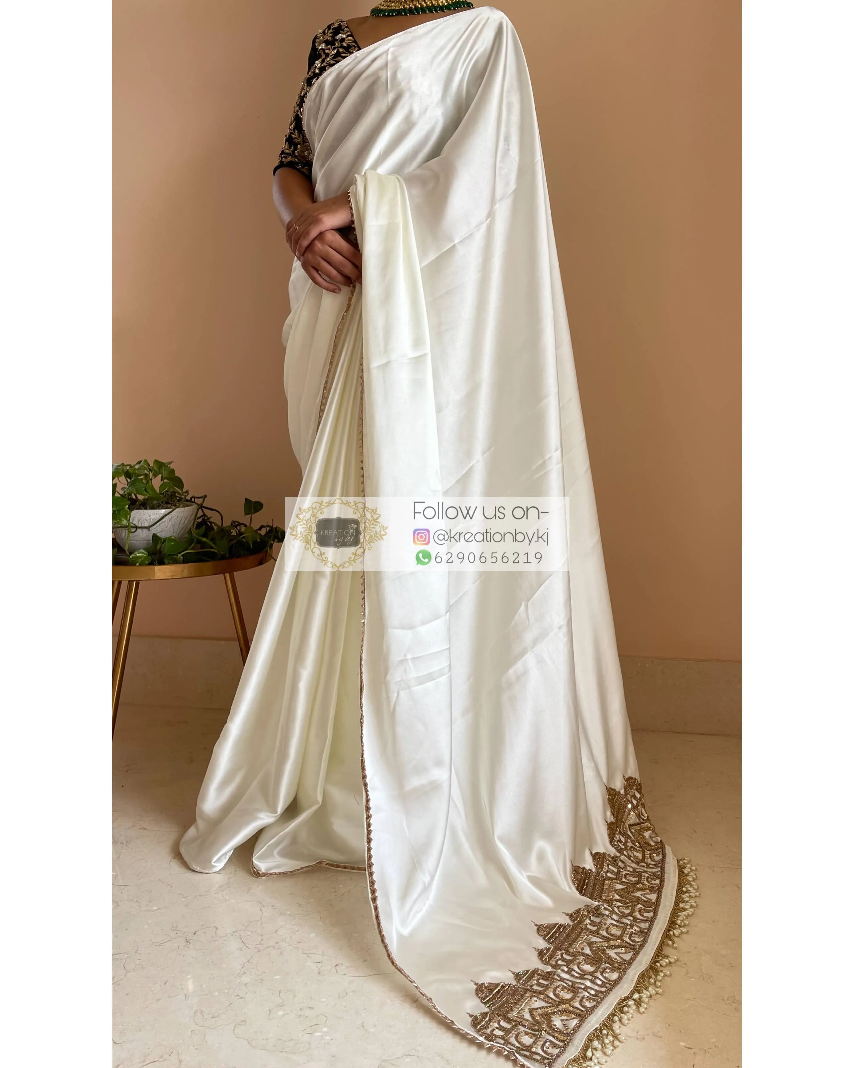 Cream Satin Silk Taj Mahal Saree