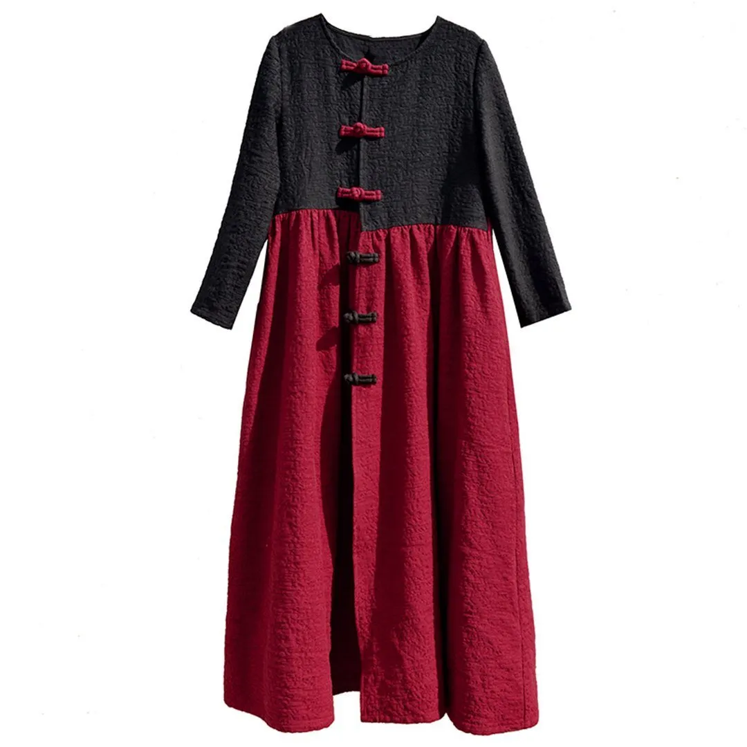 Crew Neck Color Block Knob Knot Linen Dress