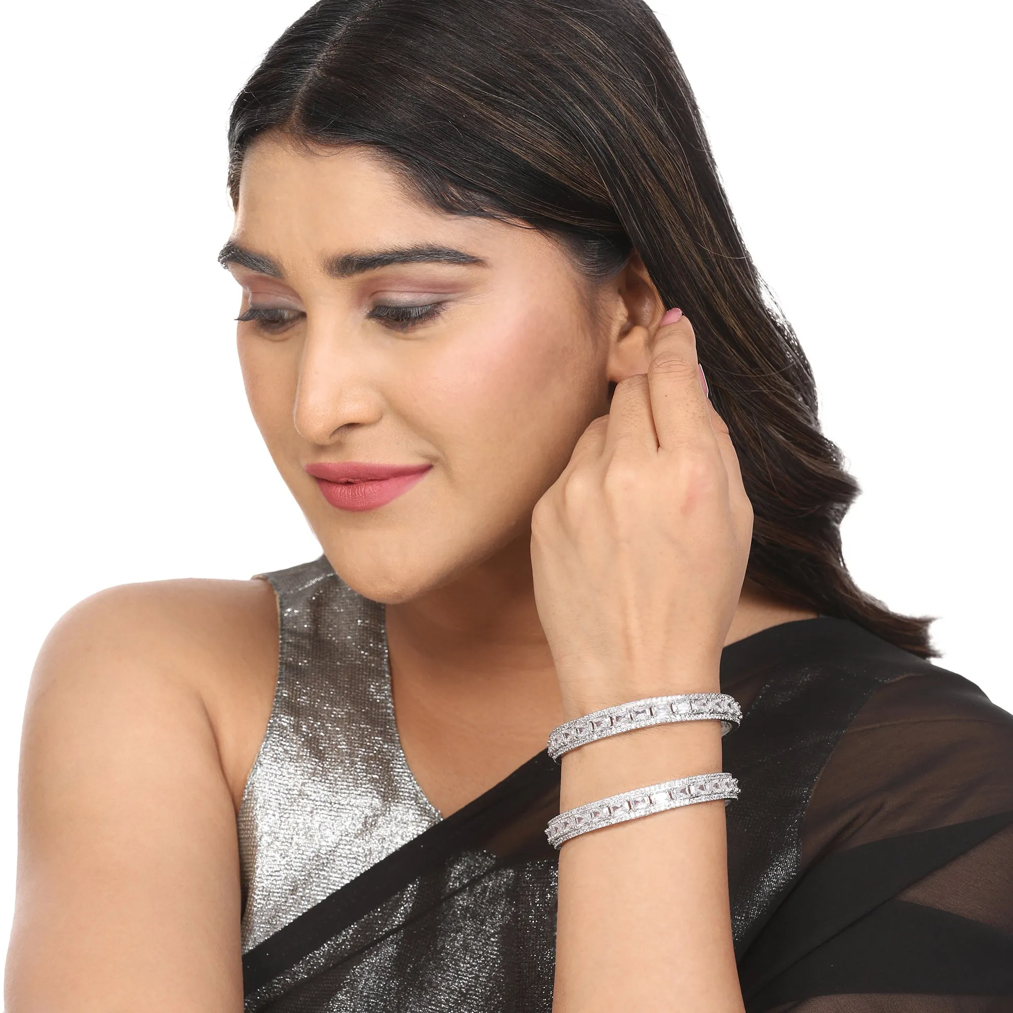 Crystal Cubic Zirconia Rhodium Bangles (Pack of 2)