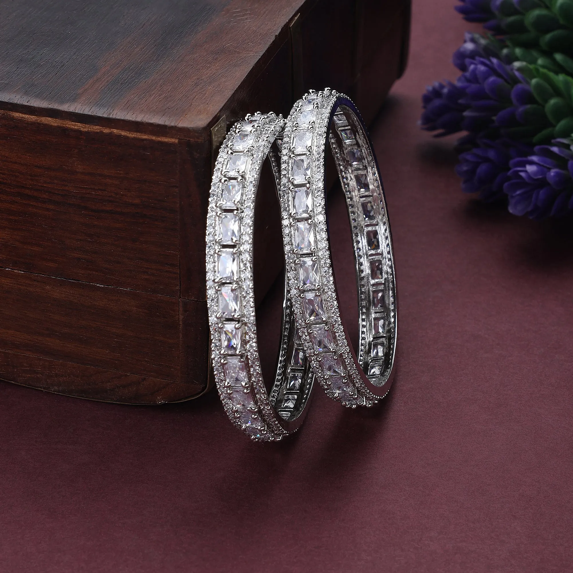 Crystal Cubic Zirconia Rhodium Bangles (Pack of 2)