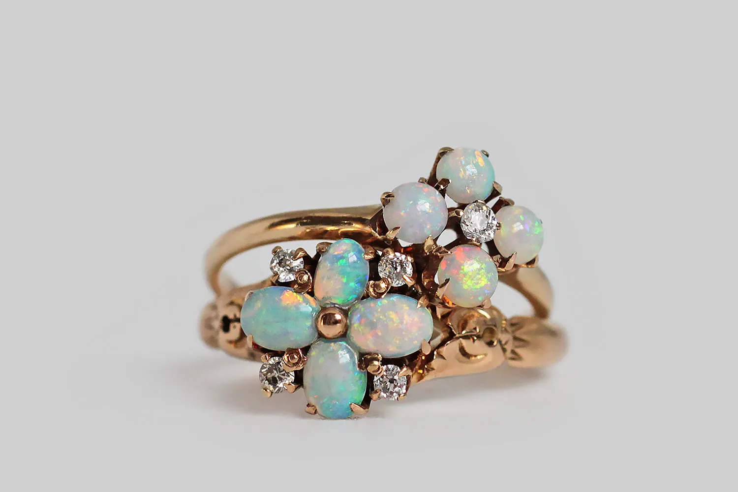 Dainty Victorian Era Opal & OMC Diamond Flower Ring in 14k Gold