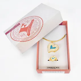 Deco Heart Locket & Signet Ring Gift Set (Ivory & Turquoise) - Gold