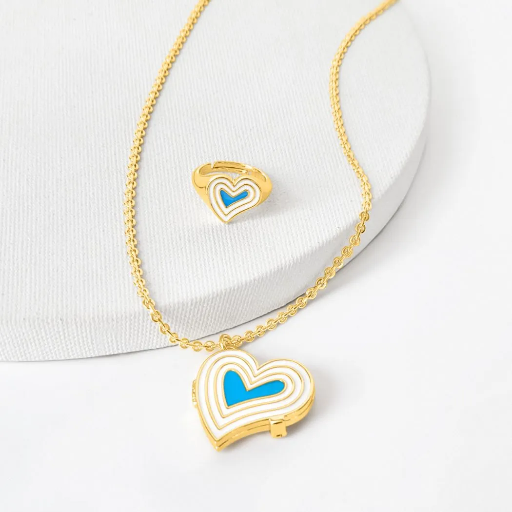 Deco Heart Locket & Signet Ring Gift Set (Ivory & Turquoise) - Gold