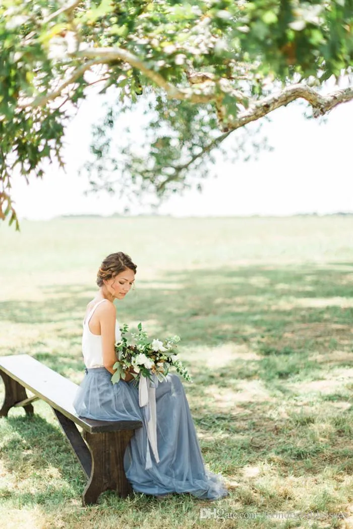 Elegant A-line Floor Length Ivory And Blue Flowy Tulle Long Bridesmaid Dresses