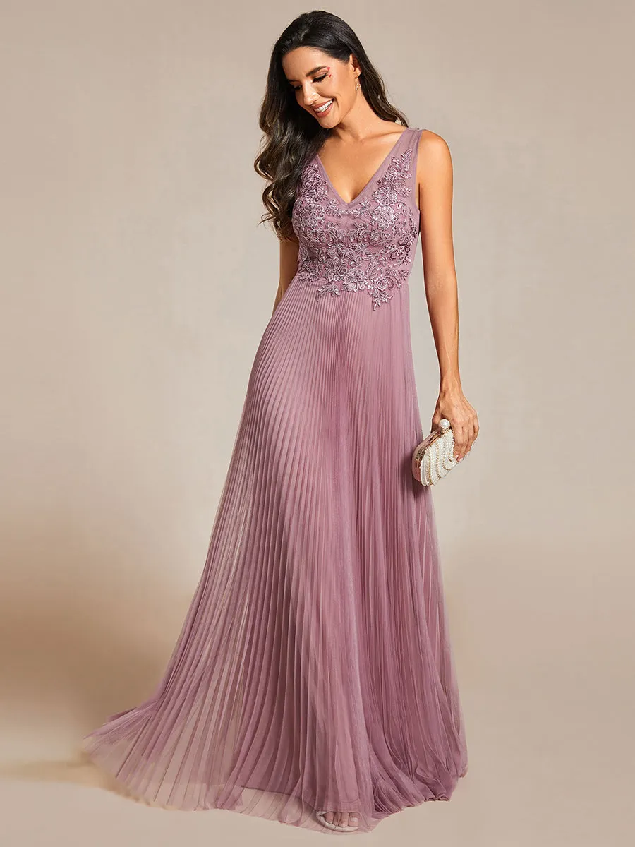 Elegant Appliques Chiffon A-Line Floor Length V Neck Sleeveless Evening Dress