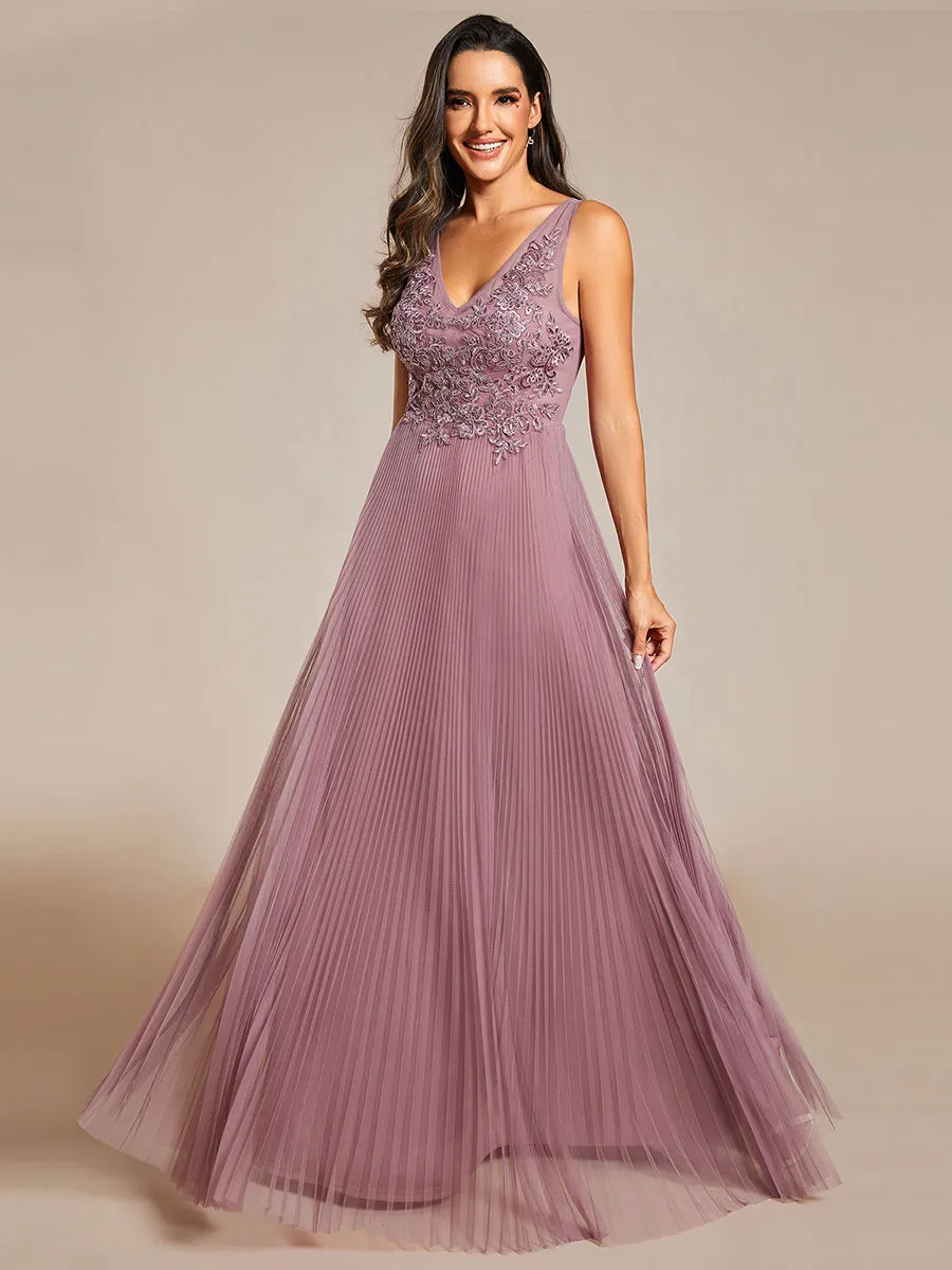 Elegant Appliques Chiffon A-Line Floor Length V Neck Sleeveless Evening Dress