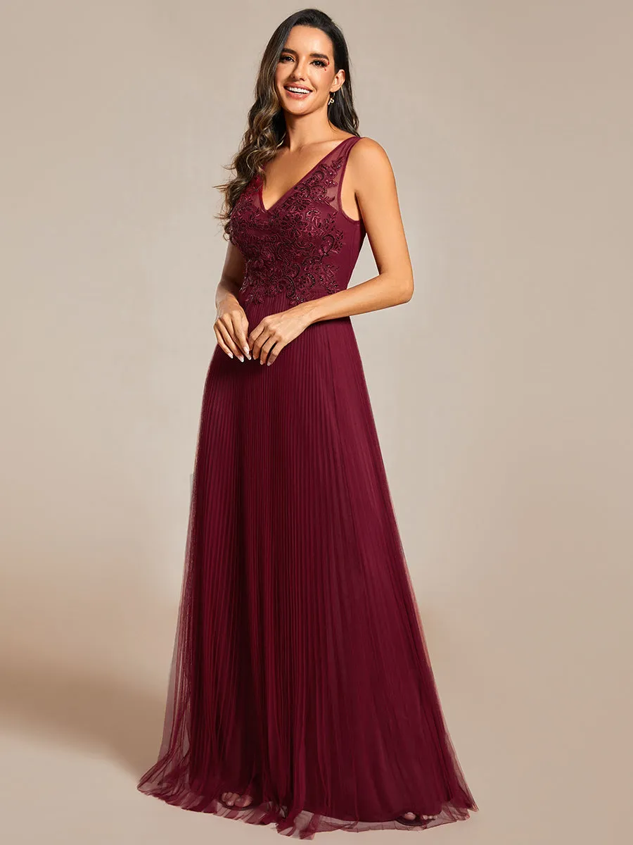 Elegant Appliques Chiffon A-Line Floor Length V Neck Sleeveless Evening Dress