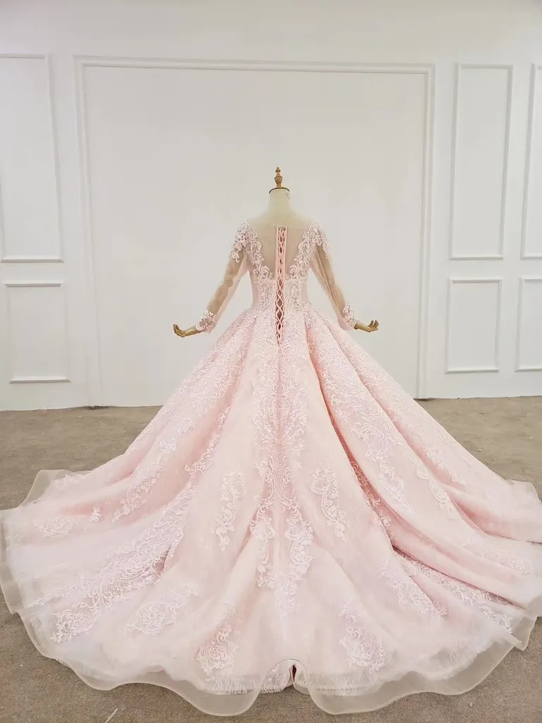 Elegant Ball Gown Pink Long Sleeves Appliques Prom Dresses, Quinceanera STK20481