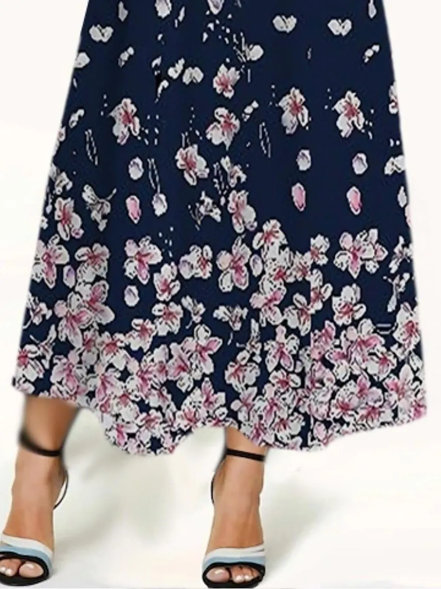 Elegant Dark Blue Floral Plus Size Midi Dress with Short Sleeves