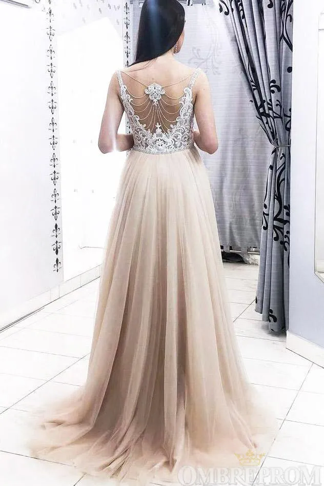 Elegant Sheer Round Neck Tulle Lace Top Prom Dresses with Beading