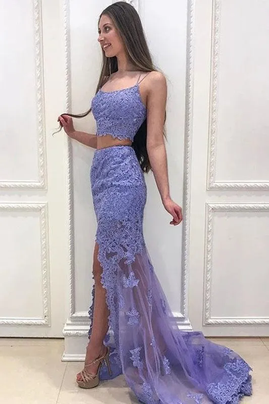 Elegant Two Pieces Mermaid Lilac Lace Slit Long Prom Dresses, Formal STK15645