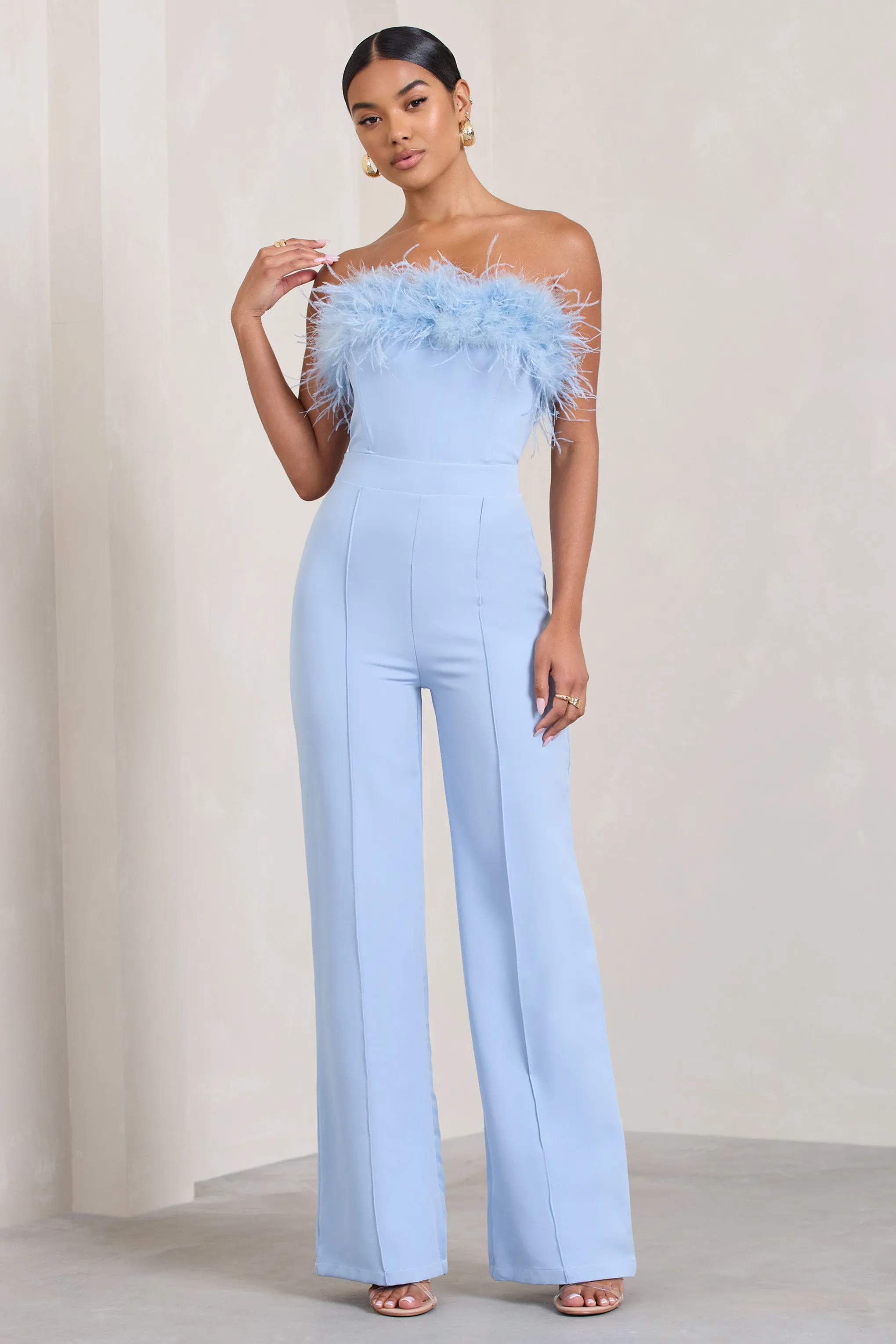 First Class | Blue Bandeau Feather Wide Leg jumpsuit