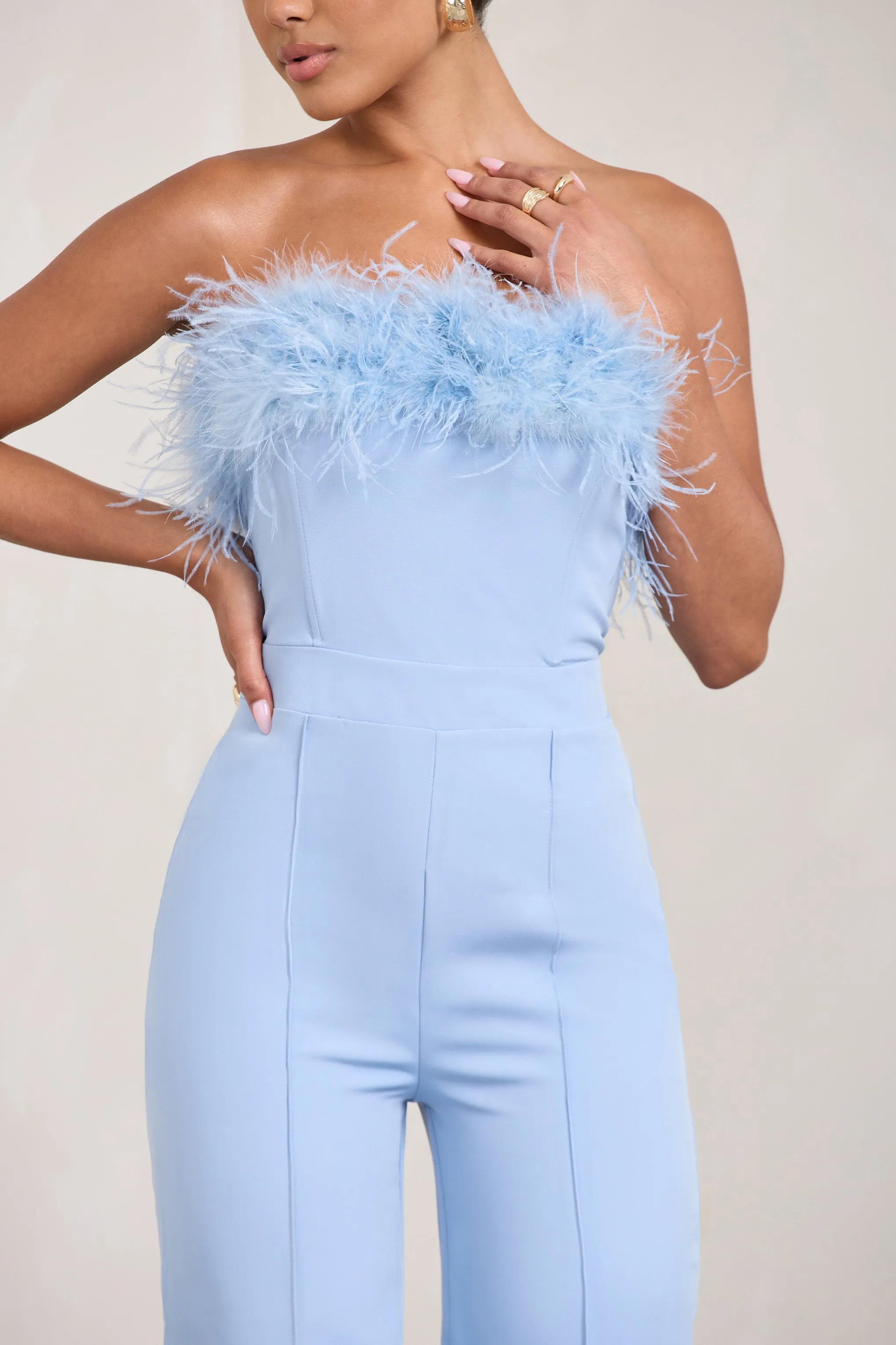 First Class | Blue Bandeau Feather Wide Leg jumpsuit