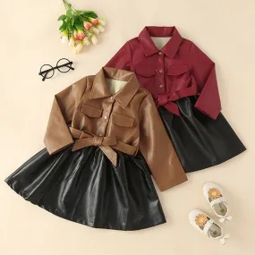 Girls' Autumn and Winter Leather Jacket Medium Length Splicing PU Leather Skirt Coat