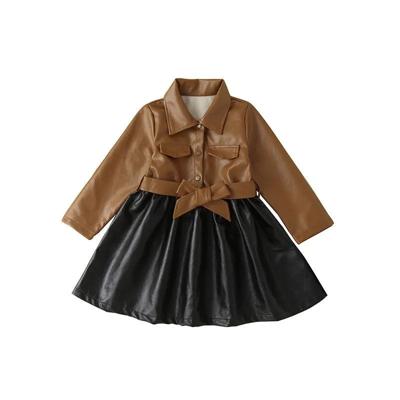 Girls' Autumn and Winter Leather Jacket Medium Length Splicing PU Leather Skirt Coat