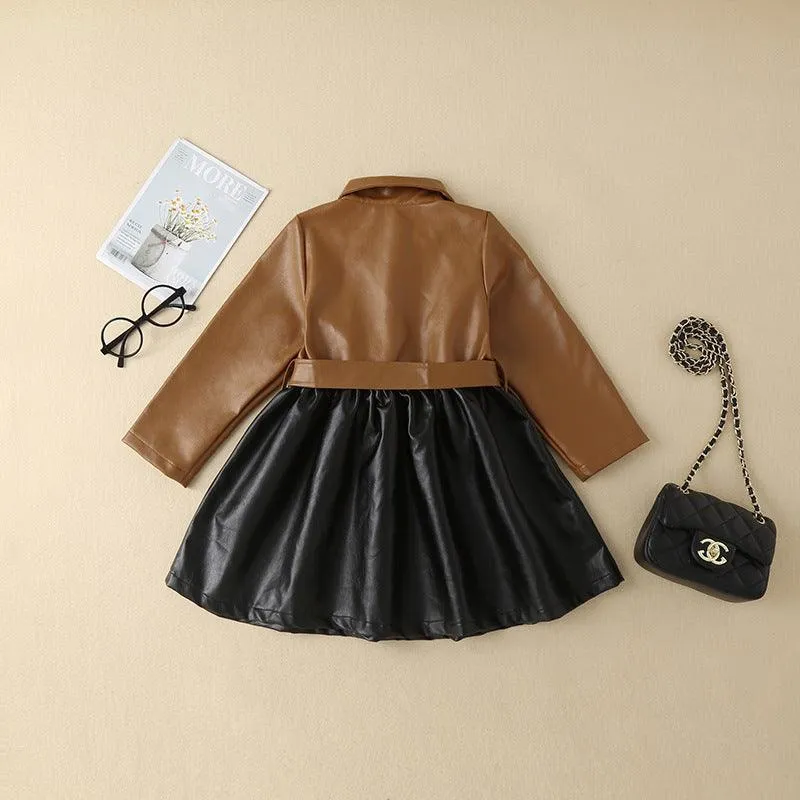 Girls' Autumn and Winter Leather Jacket Medium Length Splicing PU Leather Skirt Coat