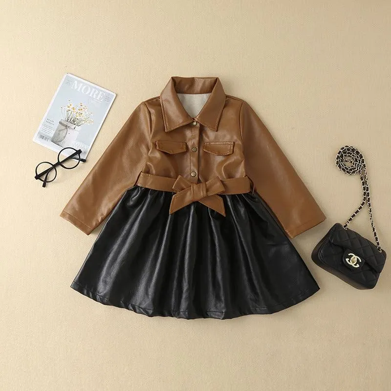 Girls' Autumn and Winter Leather Jacket Medium Length Splicing PU Leather Skirt Coat