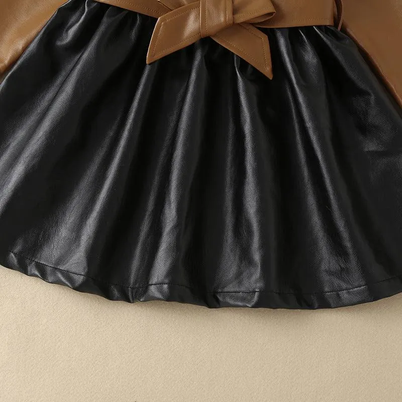 Girls' Autumn and Winter Leather Jacket Medium Length Splicing PU Leather Skirt Coat