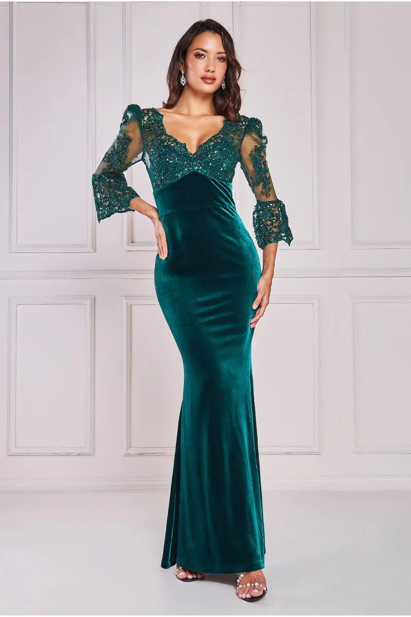 Goddiva Scalloped Lace & Velvet Maxi Dress