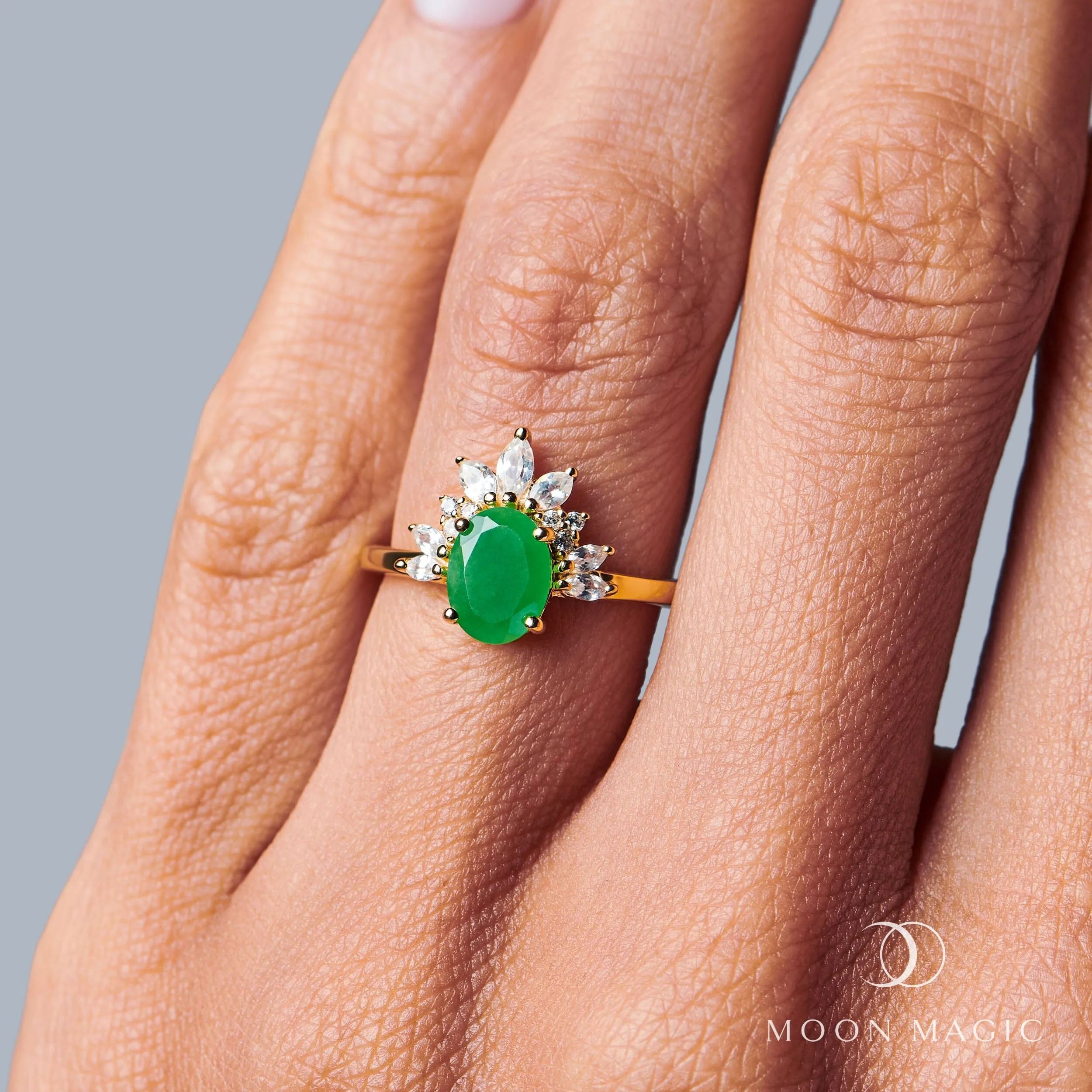 Green Jade White Zircon Ring - Manon