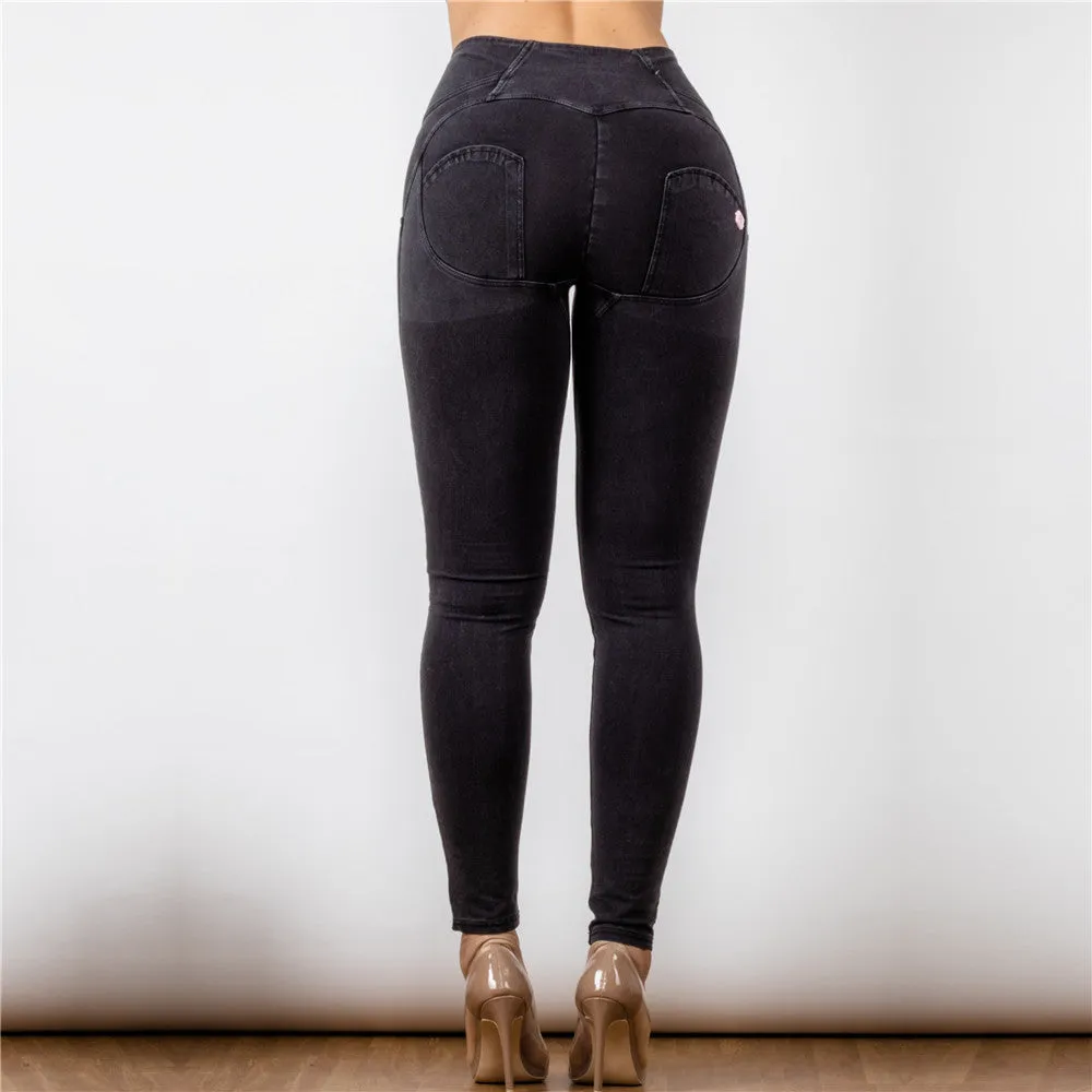 High Waist Dark Thread Black Jeans Button Style