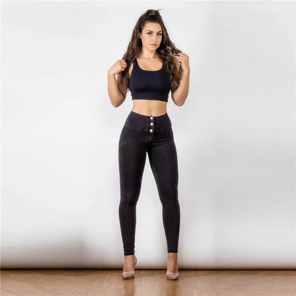 High Waist Dark Thread Black Jeans Button Style