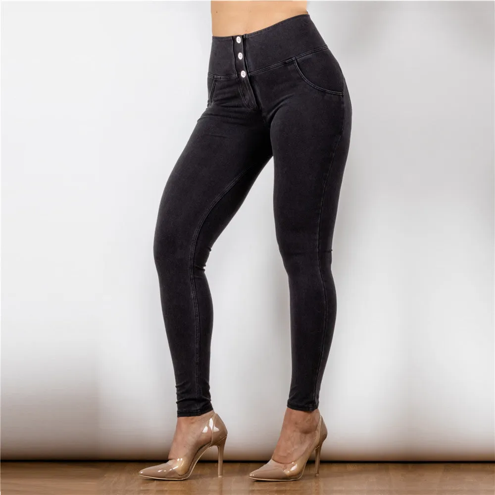 High Waist Dark Thread Black Jeans Button Style