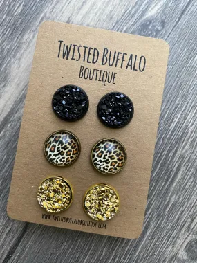 Joplin Collection {ROUND} Leopard, Black   Gold Druzy 12mm Earrings Set