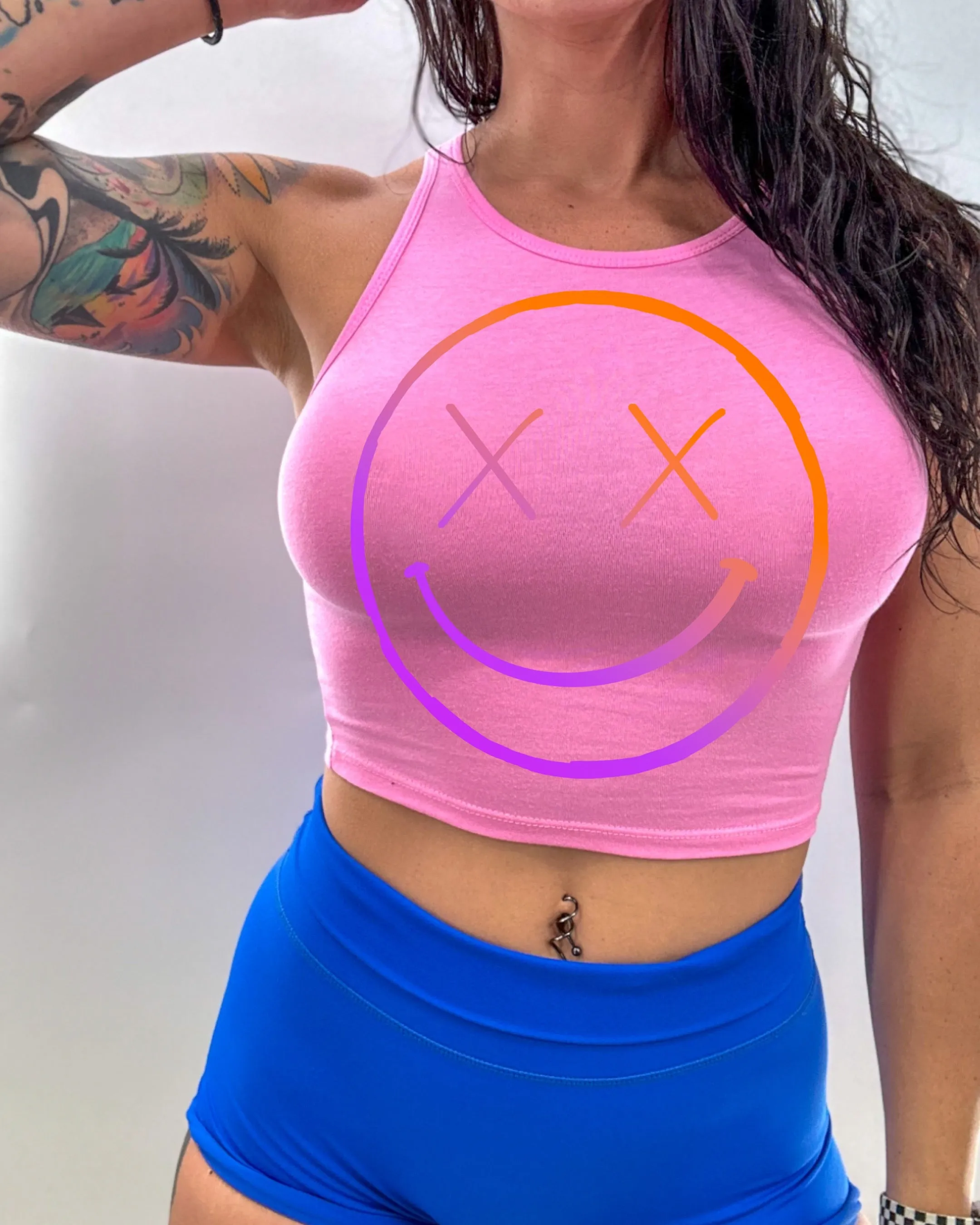 Ladies "OG Smile" High Neck Sleeveless Crop Tank | Orange/Purple