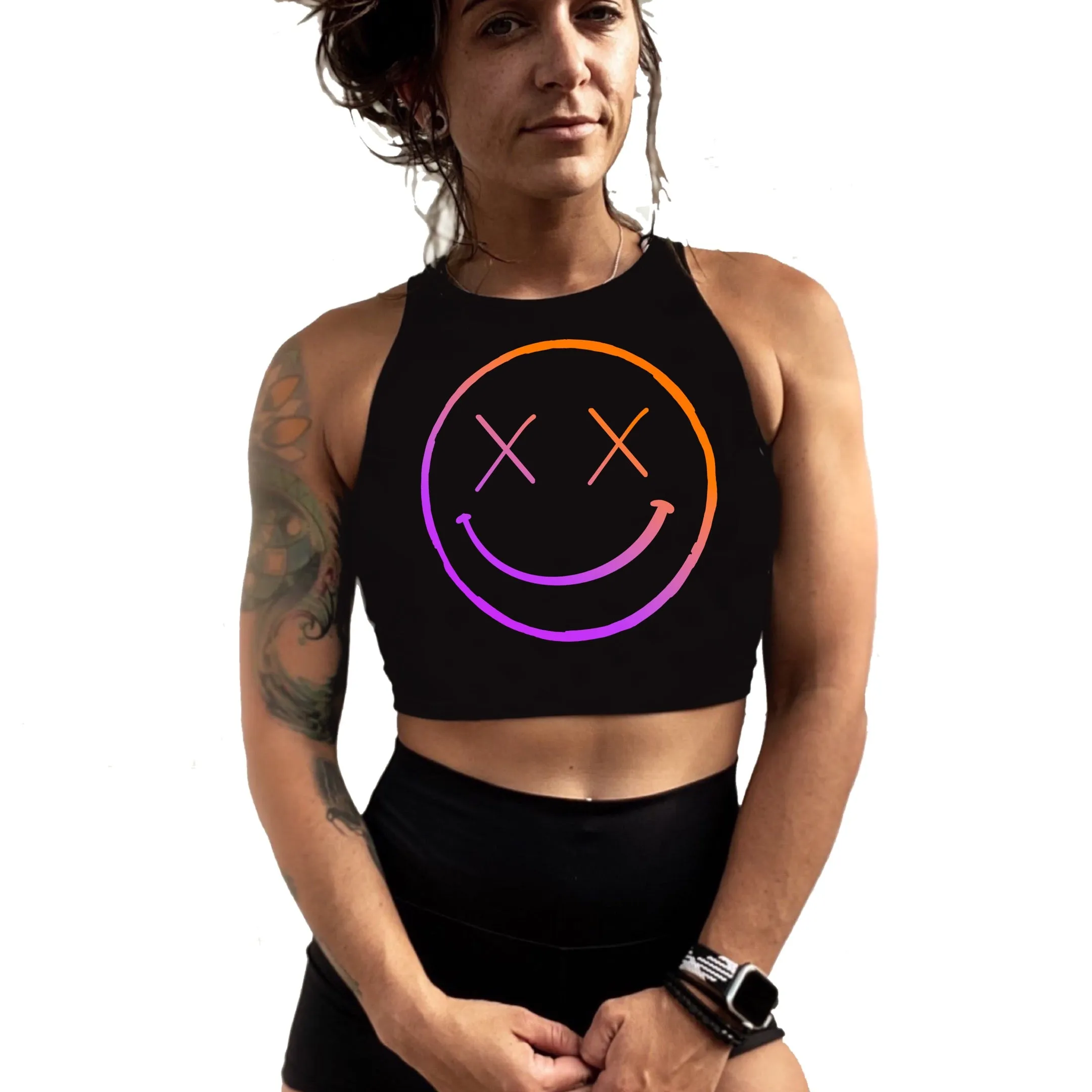 Ladies "OG Smile" High Neck Sleeveless Crop Tank | Orange/Purple