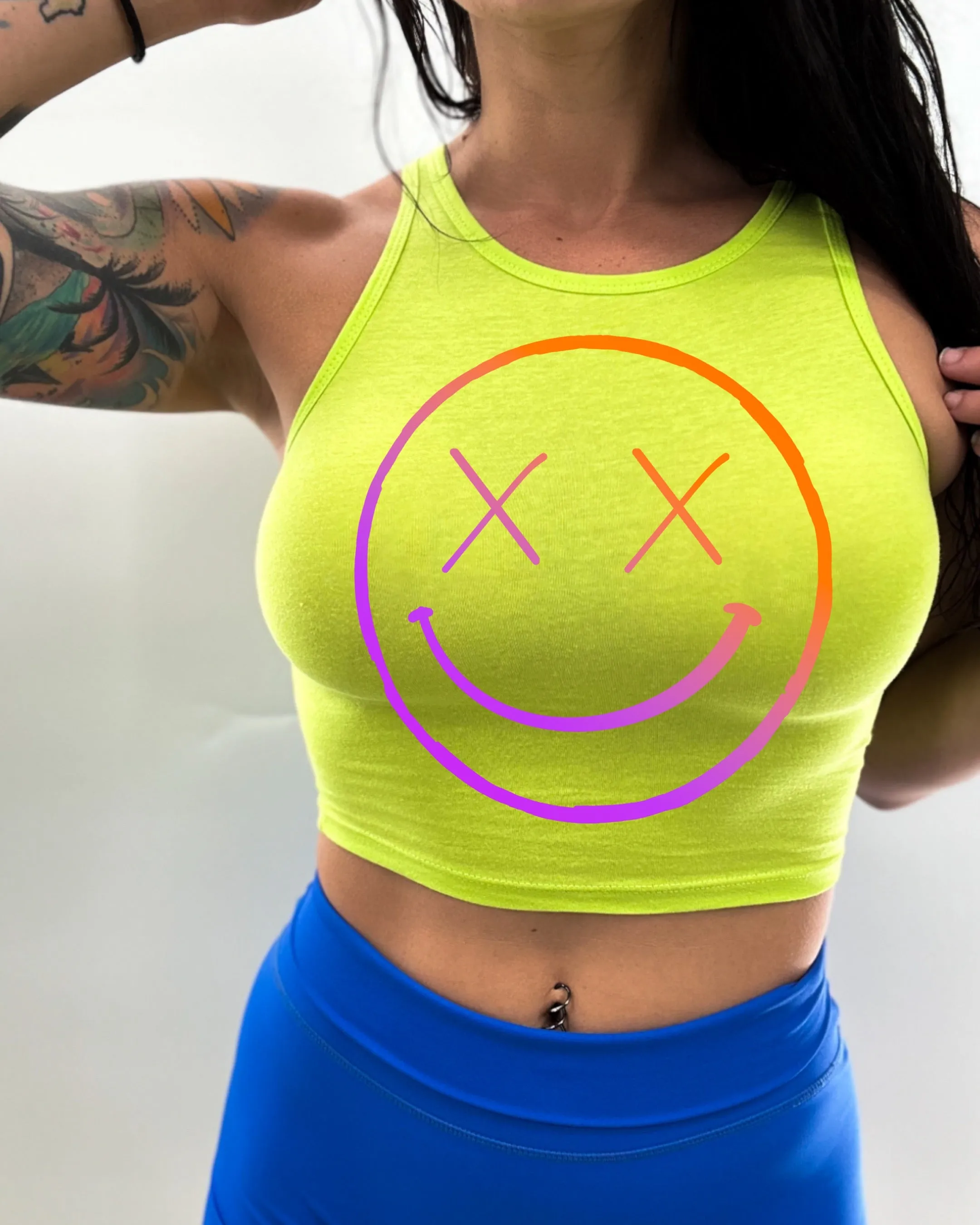 Ladies "OG Smile" High Neck Sleeveless Crop Tank | Orange/Purple