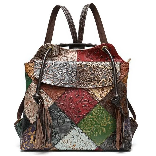 Lady’s Sling Bag or Backpack with Floral Embossed Designs on Leather Patchwork Pattern