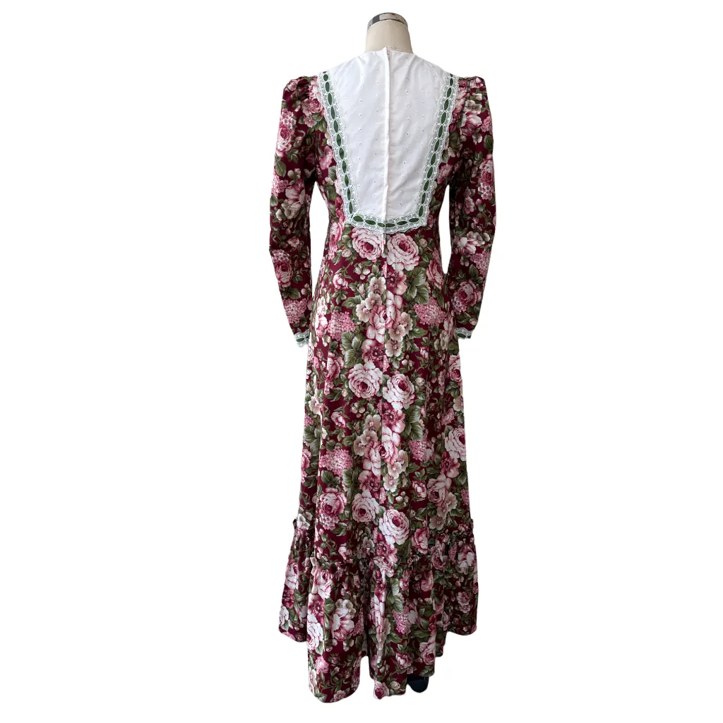 Large Roses Maroon Color Dress with Contrasting Green Ribbon with white Lace 6761 750