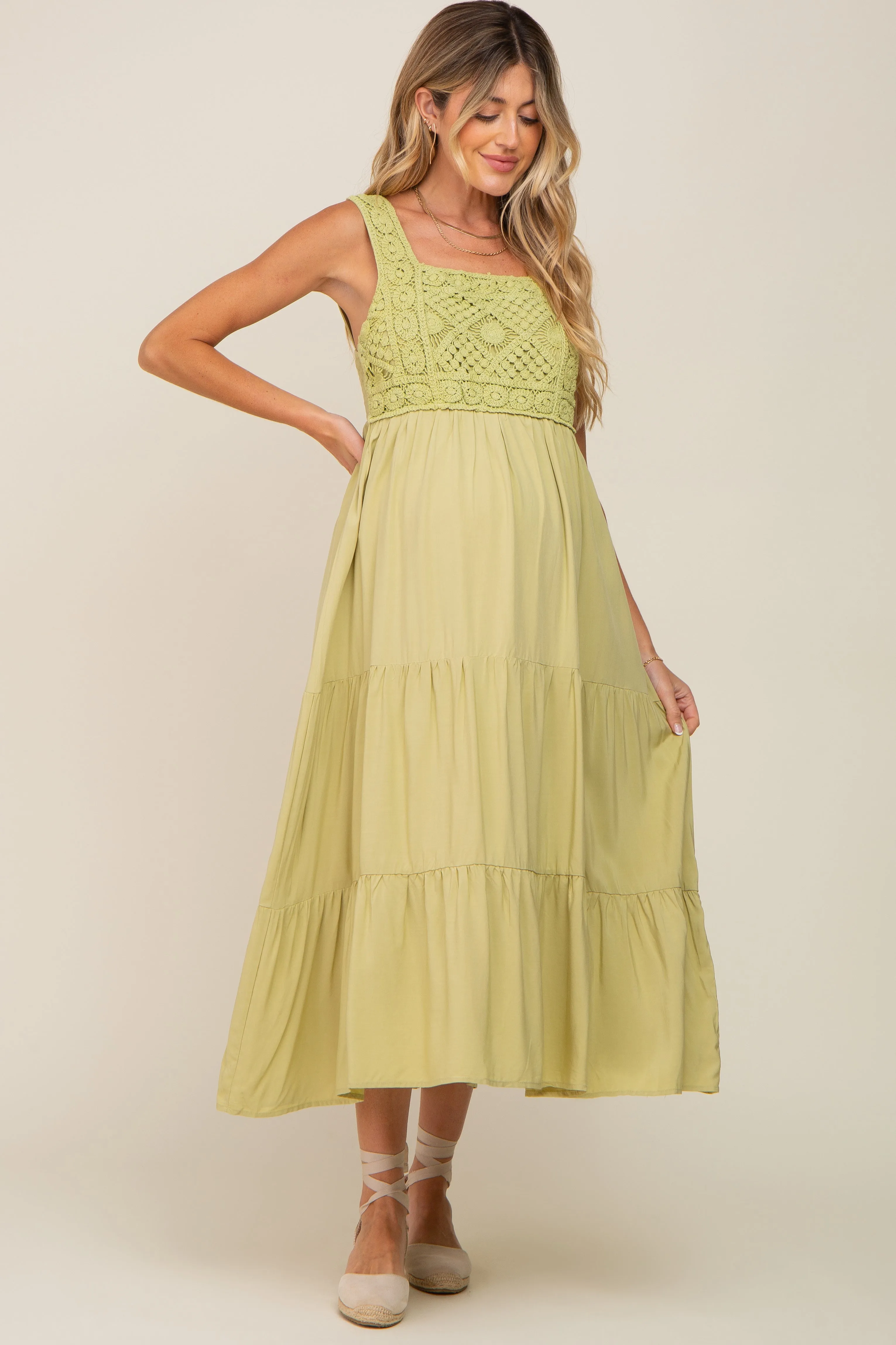 Lime Crochet Tiered Maternity Midi Dress