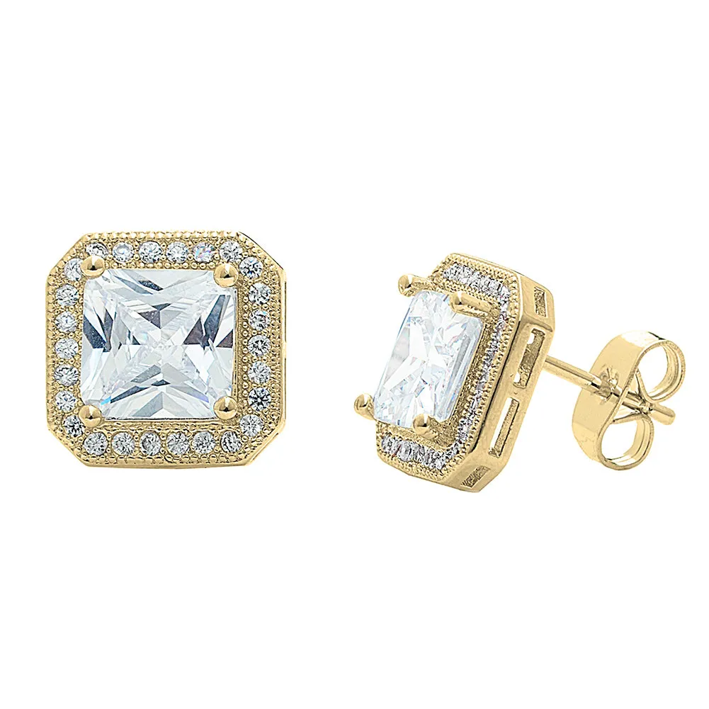 Londyn 18k White Gold Plated Princess Cut CZ Halo Stud Earrings