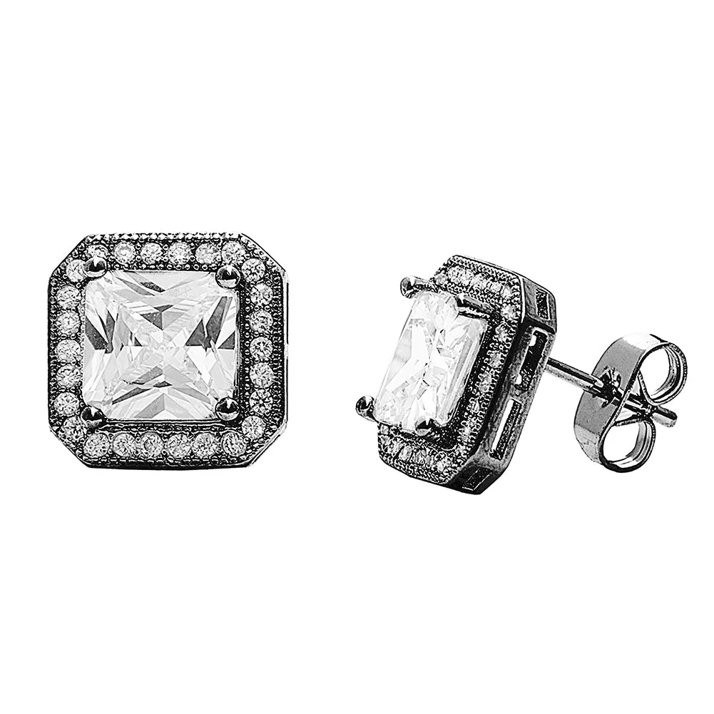 Londyn 18k White Gold Plated Princess Cut CZ Halo Stud Earrings