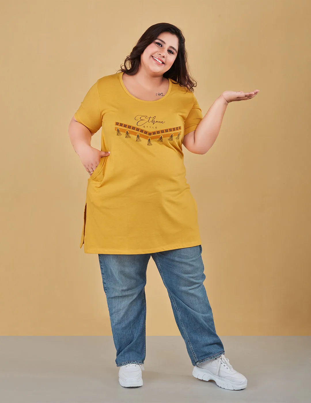 Long Line T-Shirt For Women -Half Sleeves-Yellow