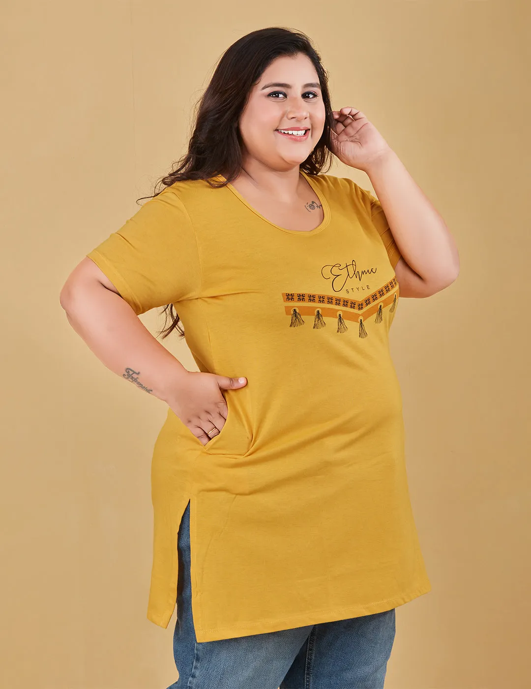 Long Line T-Shirt For Women -Half Sleeves-Yellow