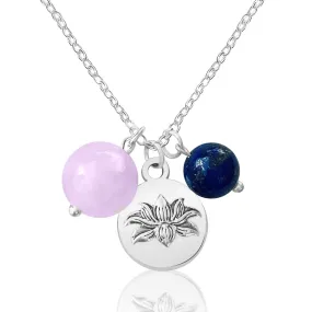 Lotus Charm Necklace with Rose Quartz and Lapis Lazuli for awakening to the spiritual reality of life