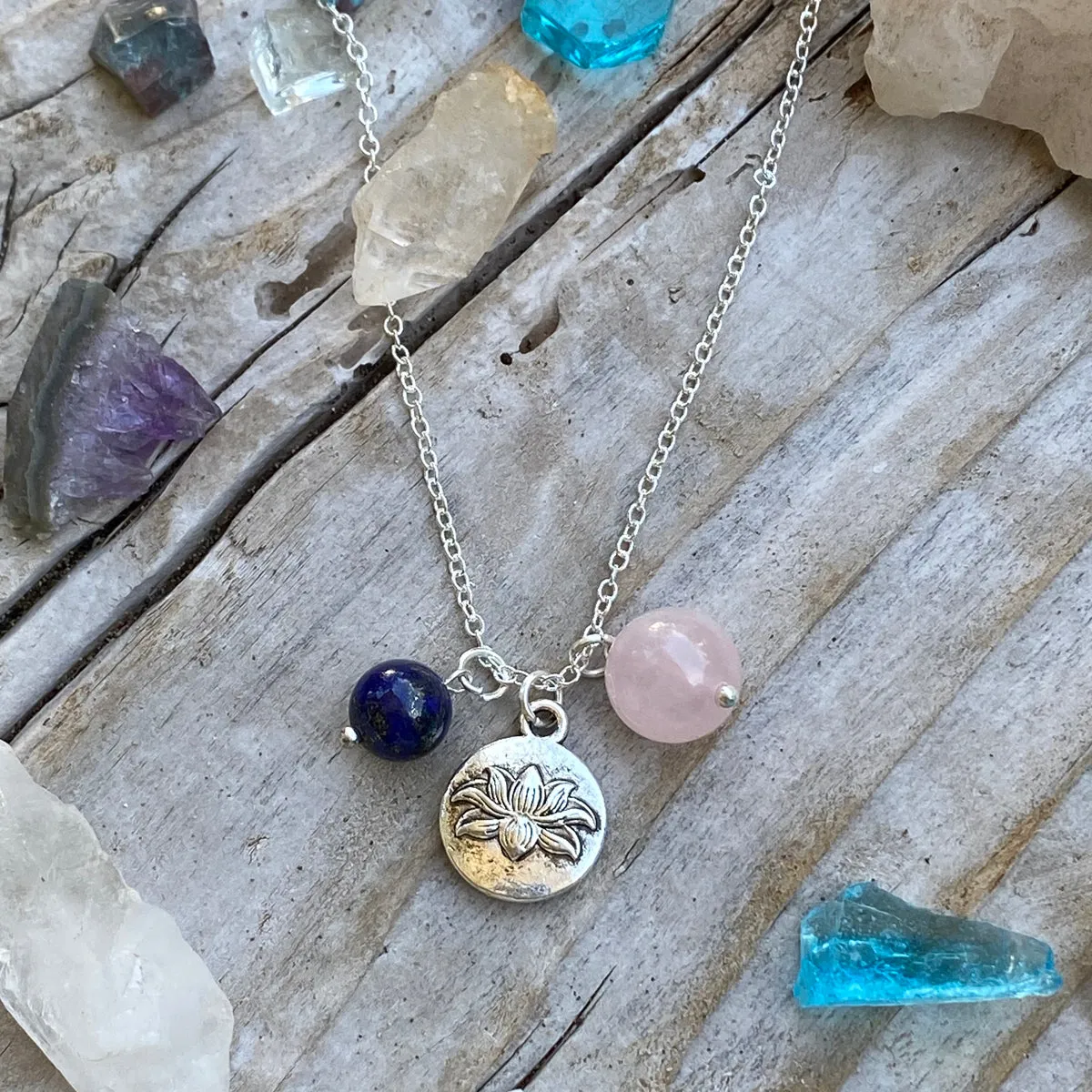 Lotus Charm Necklace with Rose Quartz and Lapis Lazuli for awakening to the spiritual reality of life