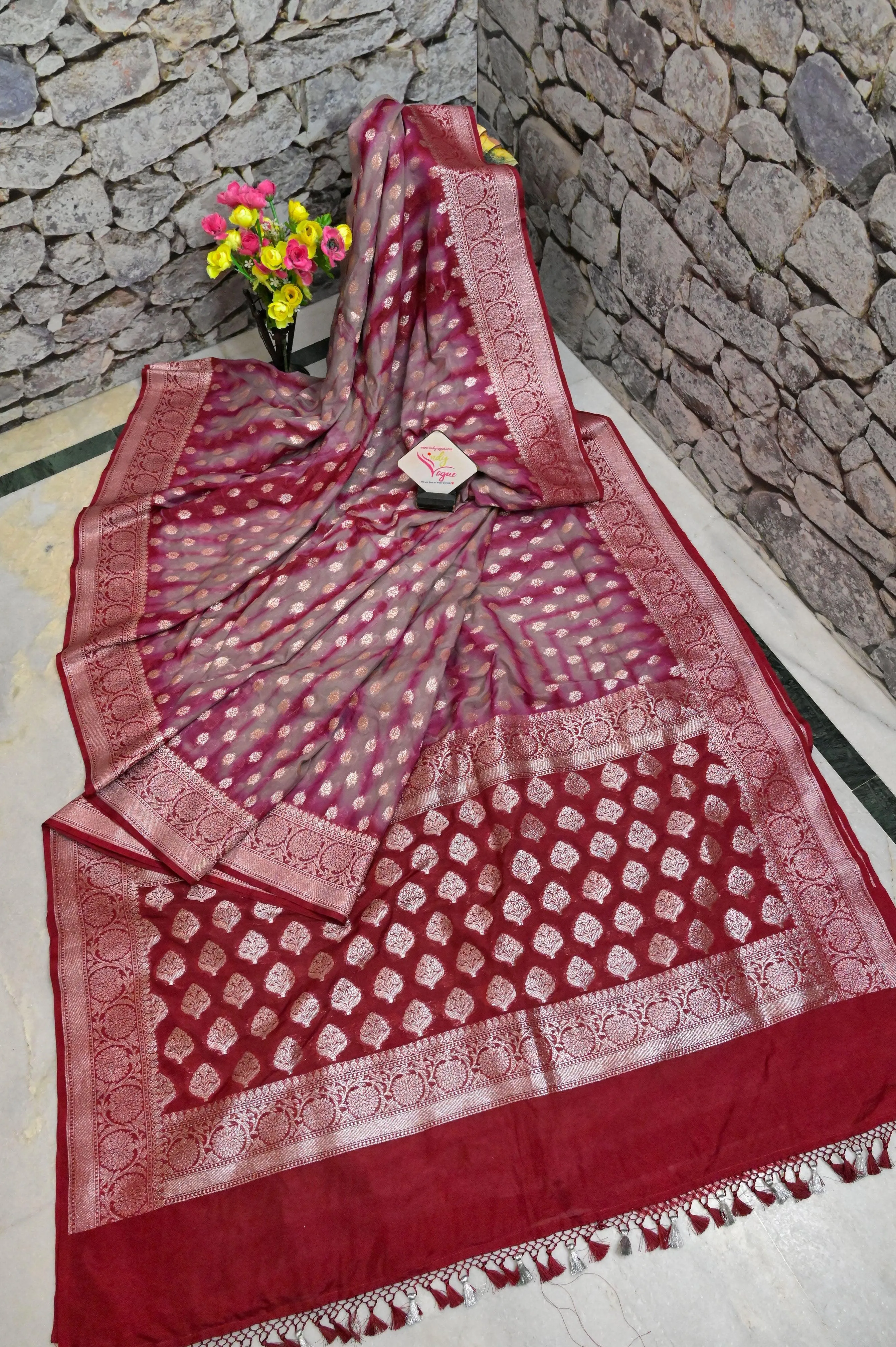 Maroon and Grey Color Georgette Saree with Shibori Dye Work and Golden Butta