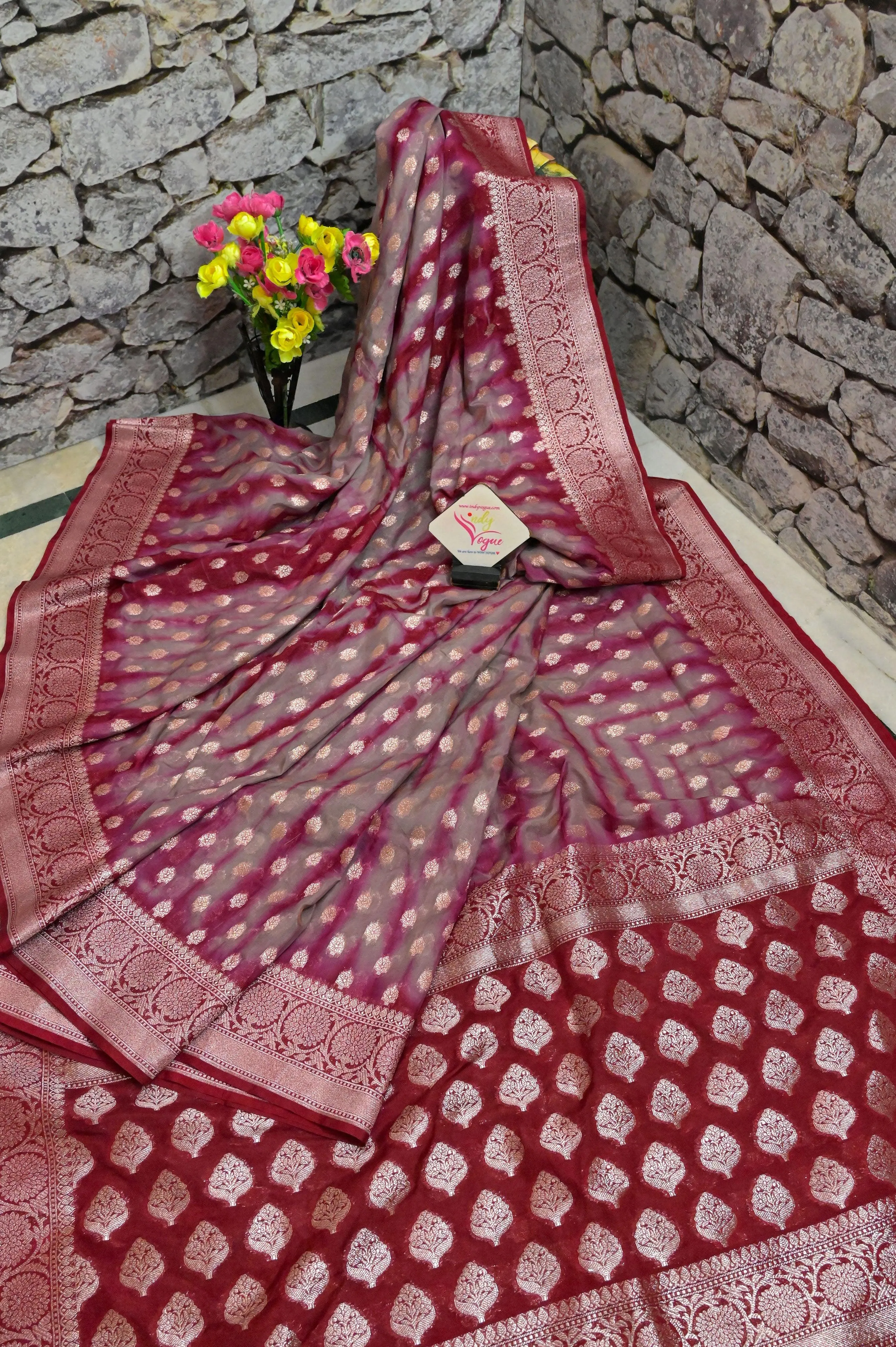 Maroon and Grey Color Georgette Saree with Shibori Dye Work and Golden Butta