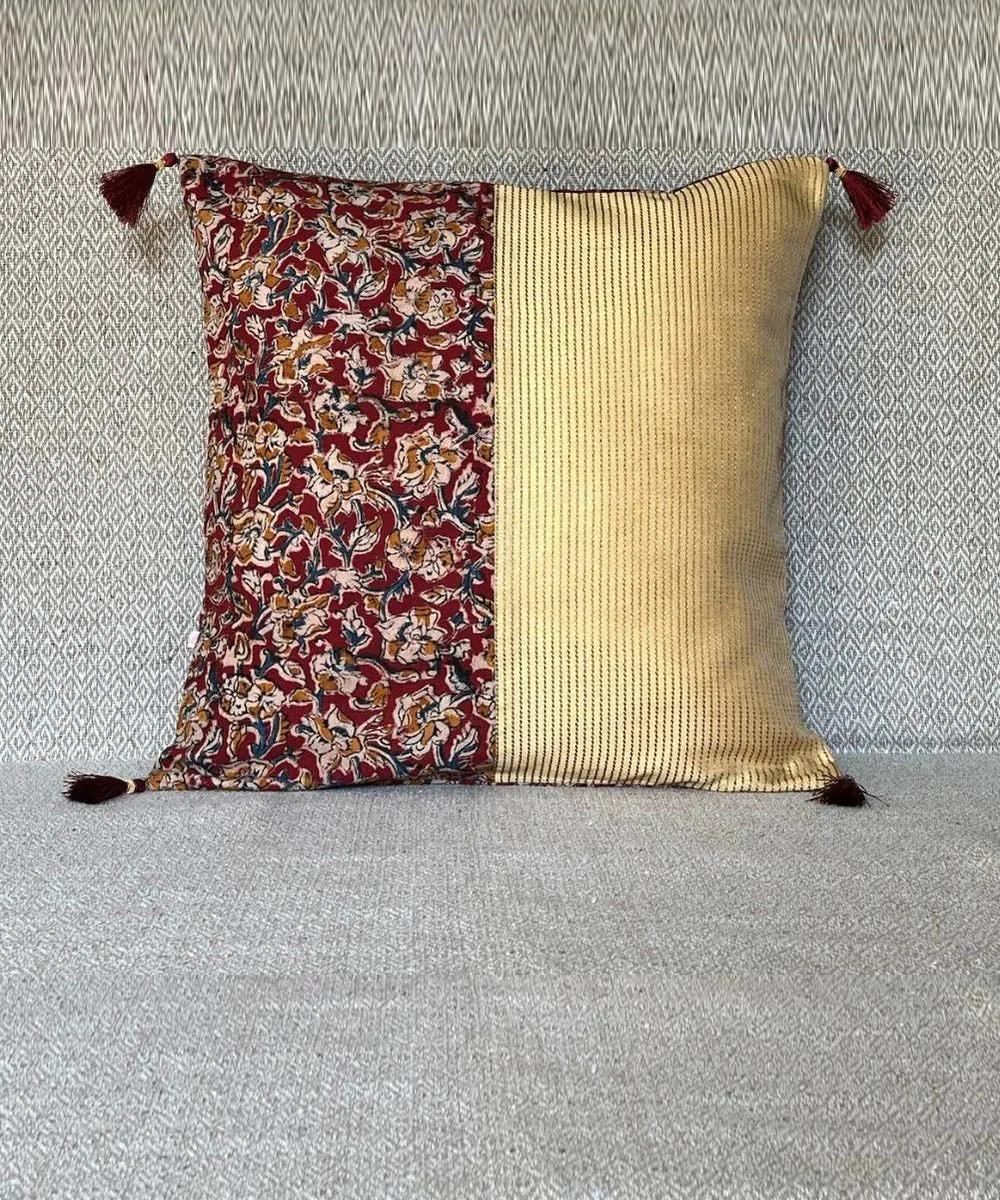 Maroon cream handpainted cotton silk cushion cover