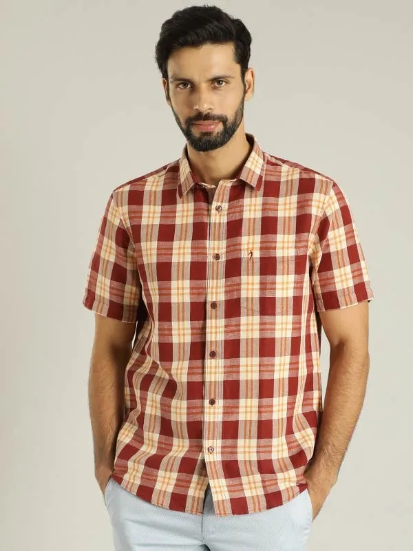 Men Checked Half Sleeve Linen Shirt