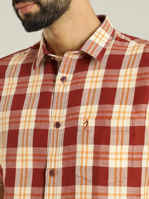 Men Checked Half Sleeve Linen Shirt