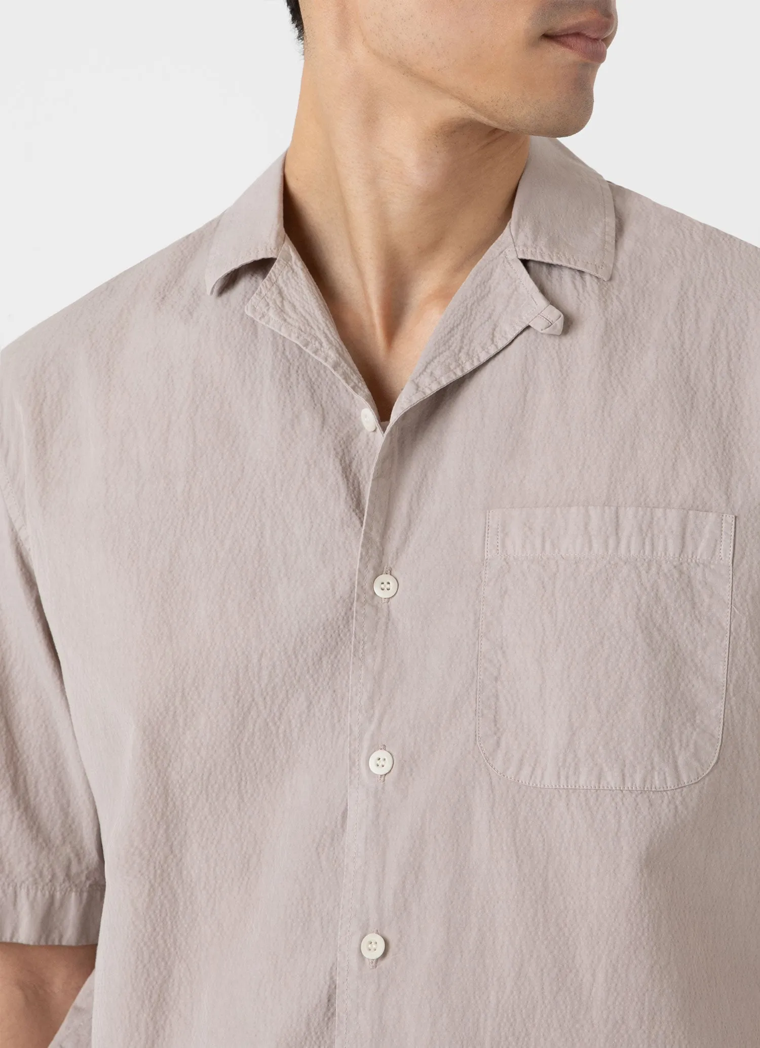 Men's Seersucker Camp Collar Shirt in Light Sand