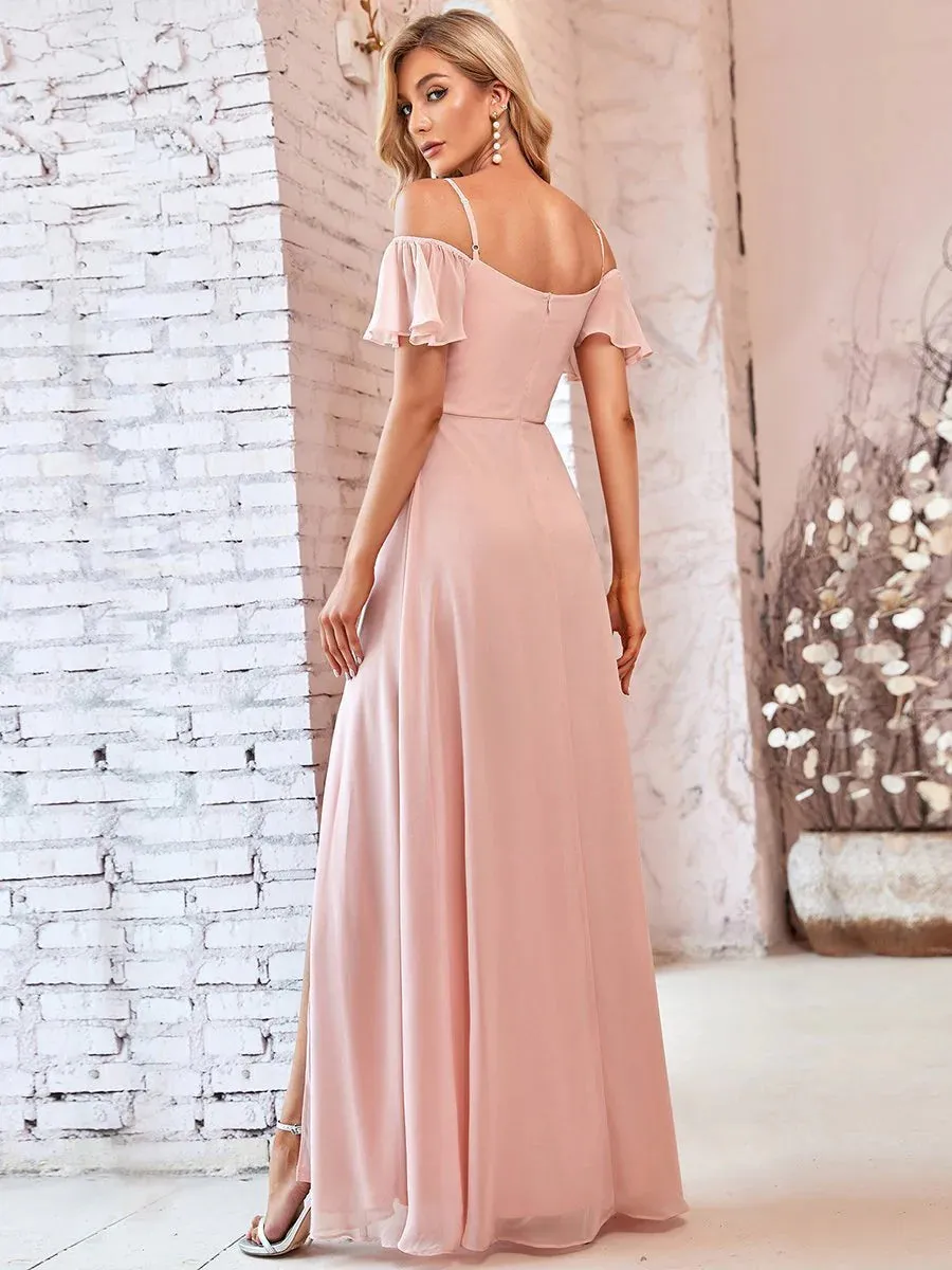 Off-Shoulder Ruffle Sleeve Thigh Slit Bridesmaid Dress