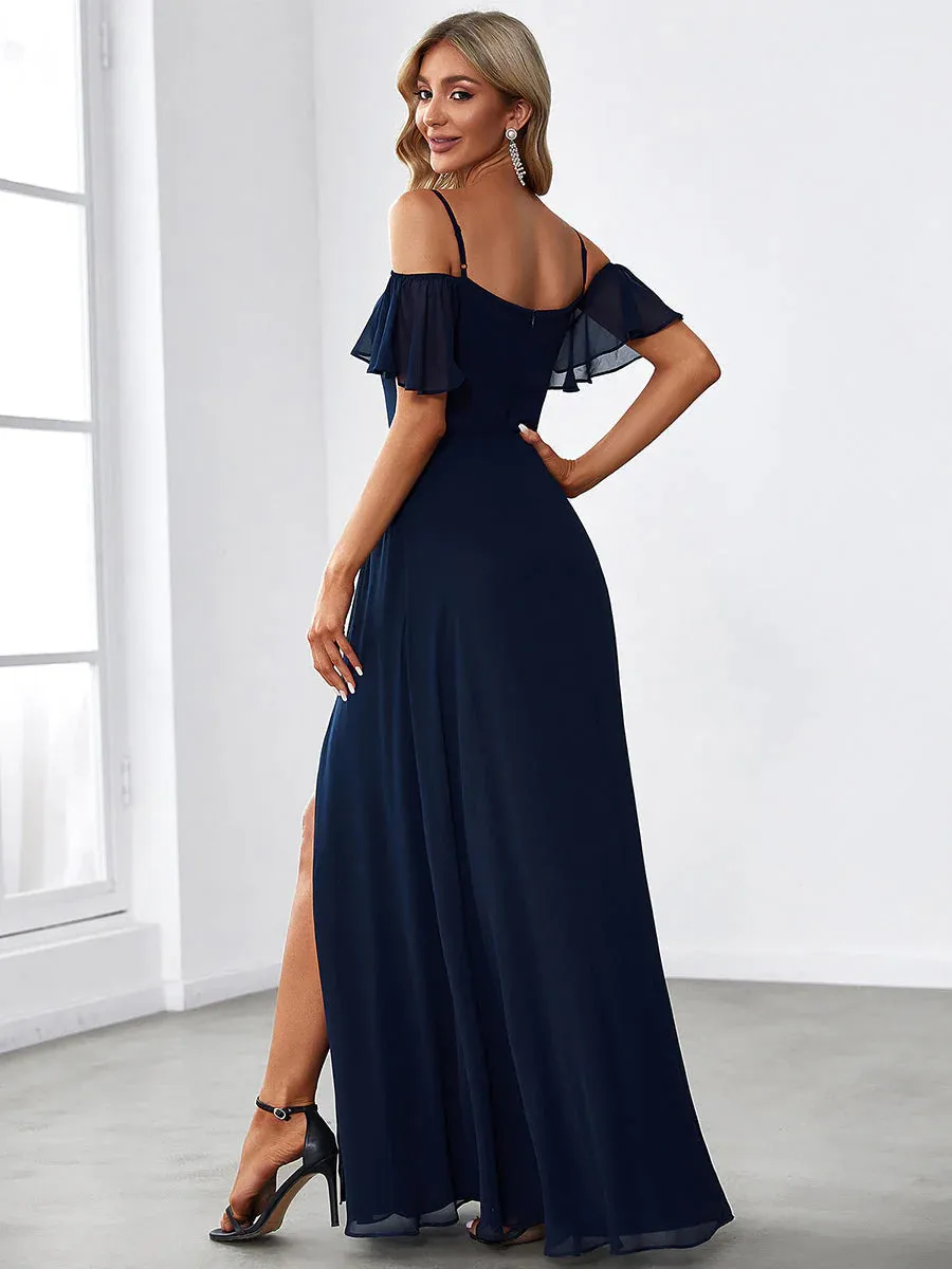 Off-Shoulder Ruffle Sleeve Thigh Slit Bridesmaid Dress